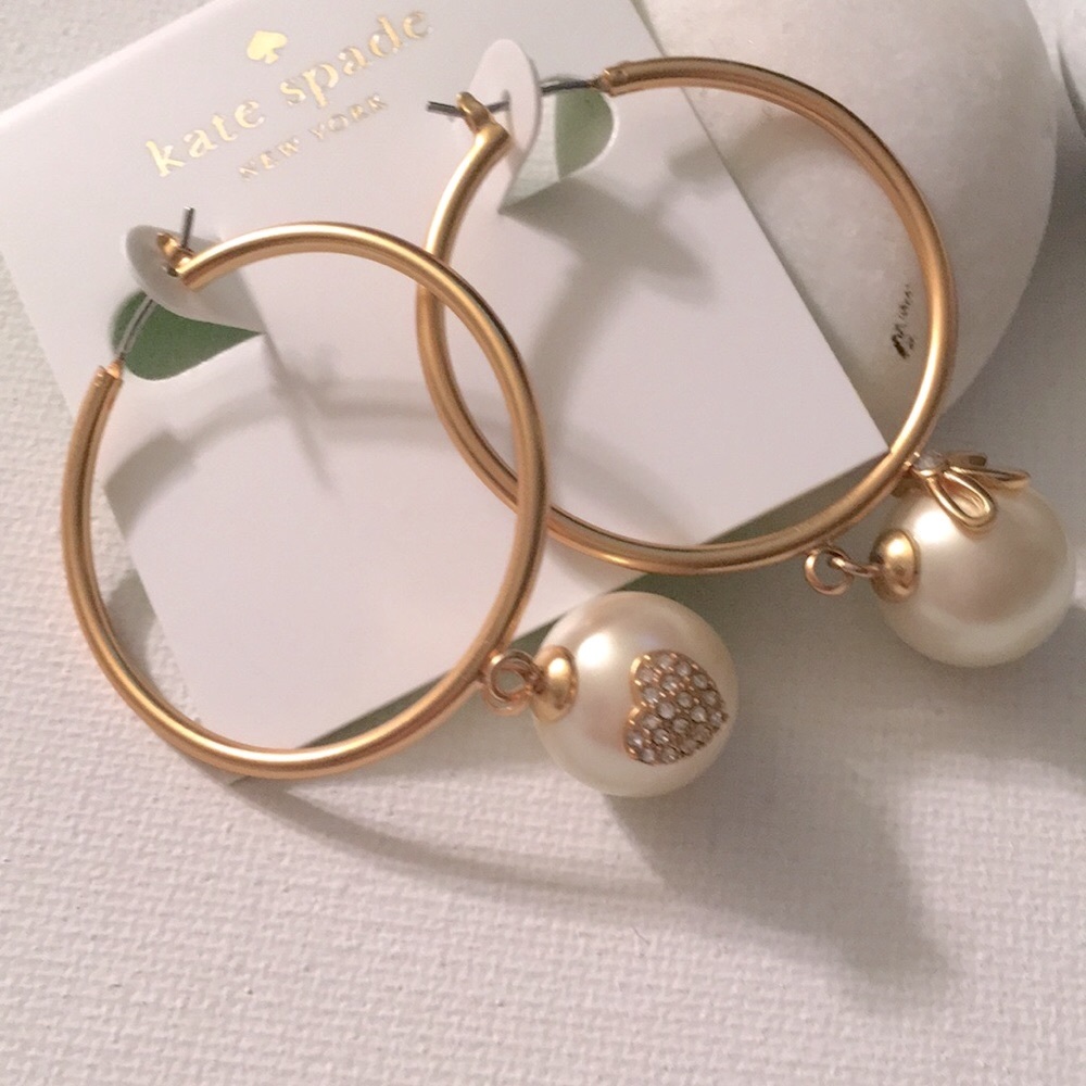 Kate Spade ♠️ New York Gold Hoop White Faux Pearl Pave’ Heart And Bow Earrings